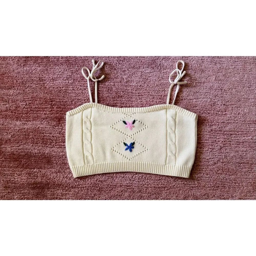Cider Knit Tie Strap Crop Top Floral Embroidered Yellow Size M